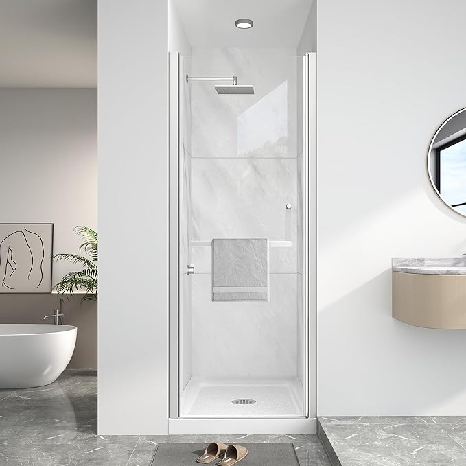 KPUY Pivot Shower Door, 24-26" W x 72" H Frameless Single Swing Glass Shower Door with Explosion-Proof Film Nano Coating, 1/4" (6mm) Thick Tempered Clear Glass, Brushed Nickel