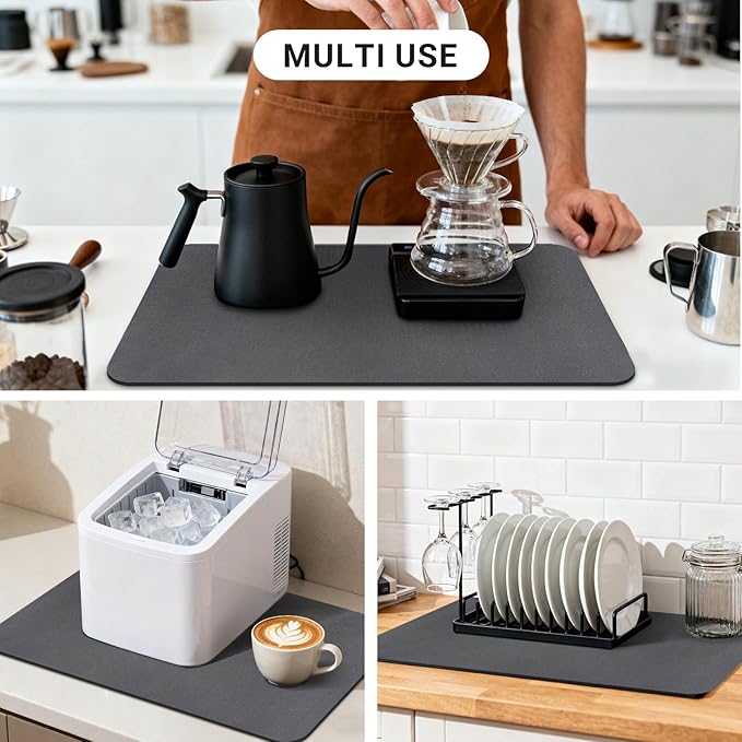 Kitchen Drying Mat, 24x16 Inch, Dark Gray Bar Mat, Absorbent Hide Stain Rubber Backed Dish Drying Mat for Kitchen Counter, Mats for Countertops, Under Coffee Bar Maker Machine Pot Espresso Machine