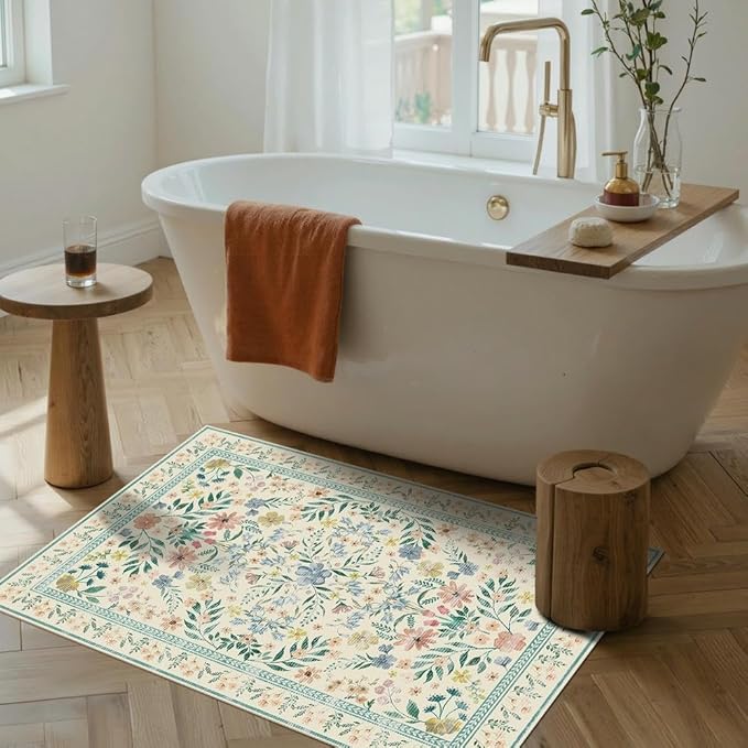 Door Mat Floral Entryway Rug, Washable Samll 2x3 Rug, Boho Green Front Door Mat, Non Slip Area Rugs, Low Pile Throw Accent Carpet for Indoor Entrance, Bathroom and Kitchen(Light Green 2x3ft)
