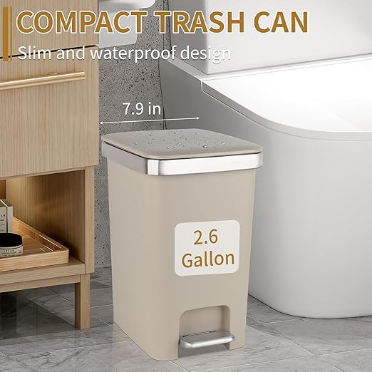 Small Bathroom Trash Can with Lid and 3 Rolls Trash Bags, Step Pedal Wastebasket Plastic Garbage Can with Pop-Up Lid 2.6 Gallon Bin for Kitchen, Bedroom, Office, Dorm, Laundry, Toilet, Rv,Khaki
