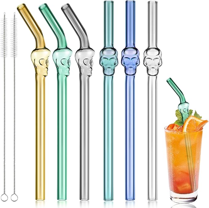 6 Pcs Skull Glass Straw Reusable Straws Shatter Resistant with 2 Cleaning Brushes Multicolor Clear High Borosilicate Glass Straws for Kids Adults Smoothies Juice (Skull, 8 Inch)