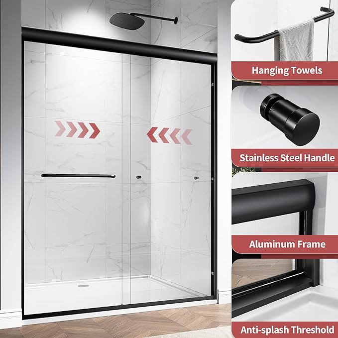 44-48" W x 72" H Semi-Frameless Double Sliding Glass Shower Door, 1/4" (6mm) Clear Tempered Glass, Bypass Sliding Shower Door for Bathroom, Easy to Clean (Matte Black, 48" W x 72" H)