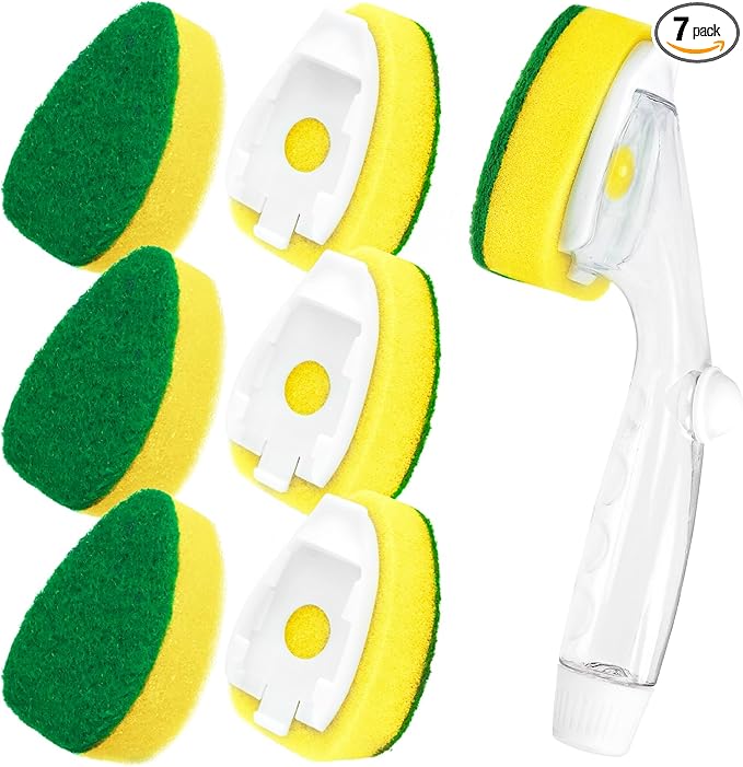 HELIME Heavy Duty Dish Wand Refills Kit with Handle, 6 Non Scratch Dishwand Refill Pack, Replacement Sponge Heads Set, Soap Control Dispenser Leak-Free Scrub for Cleaning Dishes Sink Washing Tool