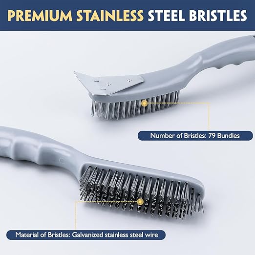 Stainless Steel Wire Brush Set 3Pcs,6.9" x 2.6"Size,144 Bundles of Bristles,Block Wire Brush with Strong Handle,for Cleaning Welding Slag & Rust,Dust and Paint Scrubbing