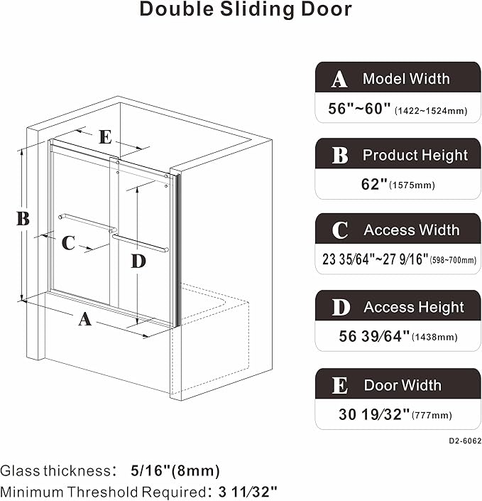 Bathtub Shower Door, 60″x 62″ Semi-Frameless Sliding Shower Door, Double Sliding Bypass Glass Shower Doors for Bathtub with 5/16" (8mm) Tempered Glass, Matte Black