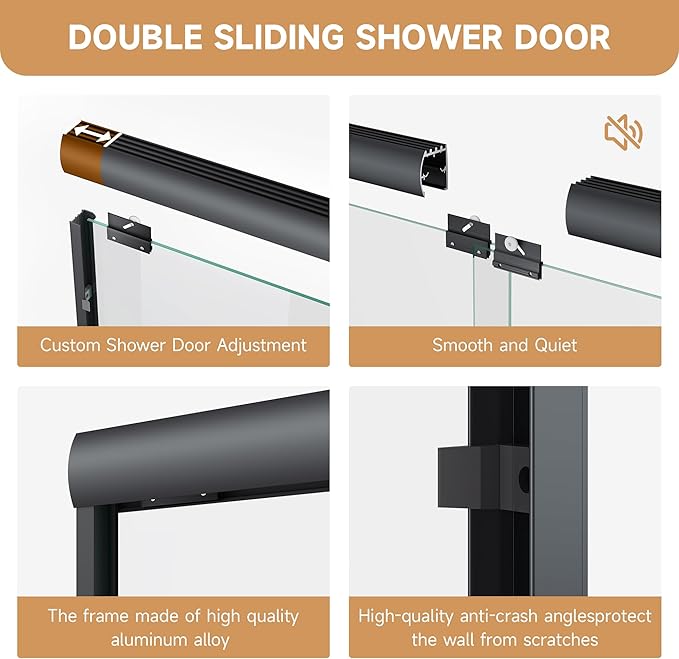 Shower Door 56-60 in. W x 72 in. H, UCALAFEE Semi-Frameless Double Sliding Shower Door with 1/4" (6mm) SGCC Clear Tempered Glass, Silent Soft-Close & Anti-Leak Walk-in Shower Door, Matte Black