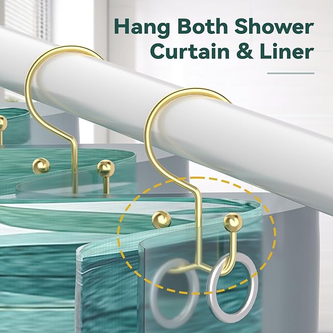 Goowin Shower Curtain Hooks, 12 Pcs Shower Curtain Rings, Durable Gold Shower Curtain Hooks, Double Glide Shower Curtain Rings Rust Proof, Simple Shower Hooks for Shower Curtain & Liner, Gold