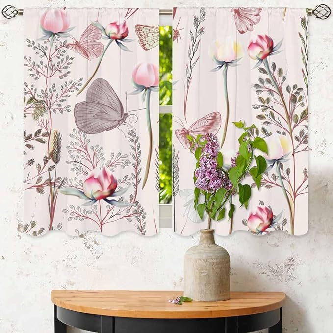 Pink Floral Kitchen Curtains Pretty Elegant Peony Rose Lovely Butterfly Short Tier Curtains for Bathroom Cafe Small Window Drapes Treatment 2 Panels (27.5x39 Inch)