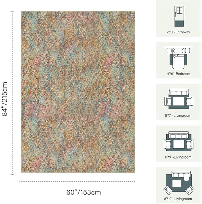 5x7 Washable Area Rugs for Bedroom & Living Room - Floral Boho Vintage Rug,Soft & Non-Slip,Low Pile Wool Carpet for Indoor Dining Room,Girls Room,Nursery Room and Kids Room(Boho Multi)