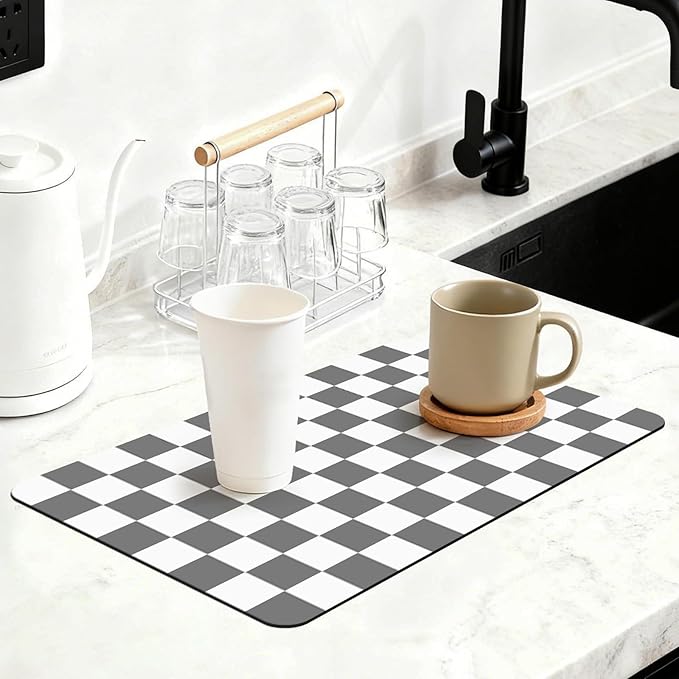 16" x 24" Checkered Dish Drying Mat for Kitchen Counter, Absorbent Coffee Bar Mat for Espresso Machine Coffee Countertops Accessories (Grey)