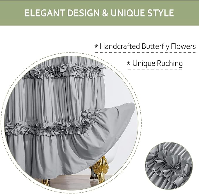 Victorian Ruffle Shower Curtain, Vintage Handcrafted Bow Tie Bath Curtain for Master Bathroom, Ruched Microfiber Bathroom Curtain with 12 Buttonholes, 72" W x 84" H, Gray (LQ-10)