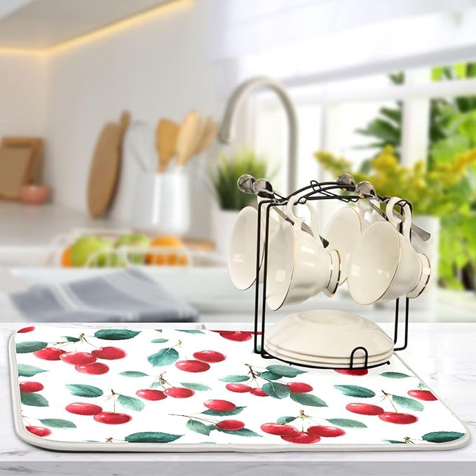 Red Cherry Leaves Dish Drying Mat for Kitchen Counter Absorbent Microfiber Drying Pad, Large 18x24 in