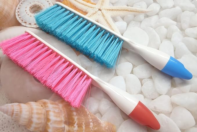 Jilukibo 2 Pack Soft Bristle Bed Sheets Sweeping Cleaning Brush with Plastic Handle, Blue, Rose Red
