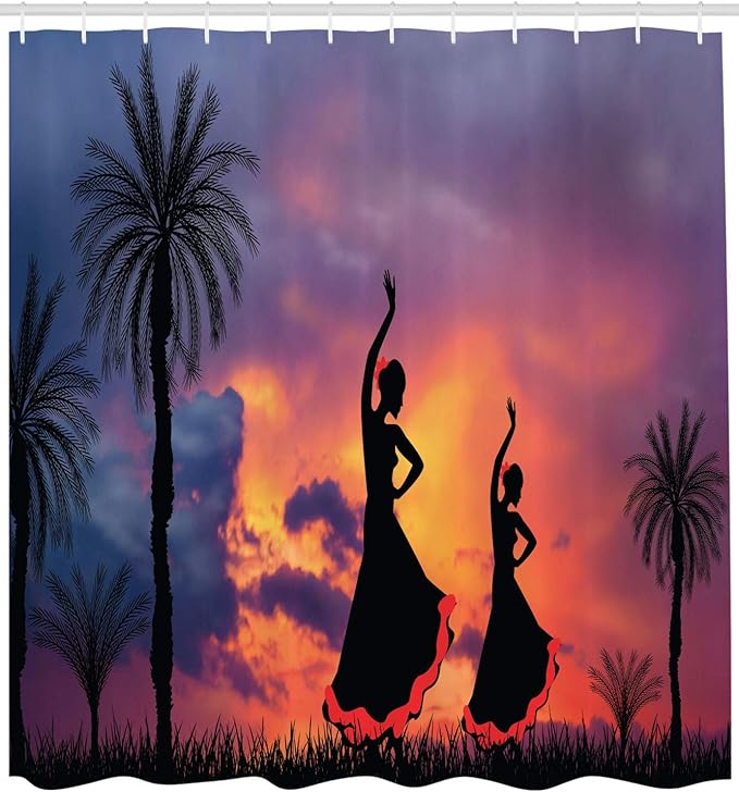 Ambesonne Spanish Shower Curtain, Silhouette of 2 Girls Dancing Flamenco with Dramatic Cloudy Sunset Sky Background, Cloth Fabric Bathroom Decor Set with Hooks, 69" W x 70" L, Salmon Pale Purple