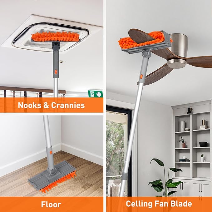Ceiling Fan Cleaner Duster with 63" Extension Pole, Ceiling Fan Blade Cleaning Tool, Dusters for Cleaning High Ceiling Fan Reusable Chenille Pads for Blind, Baseboard, Wall