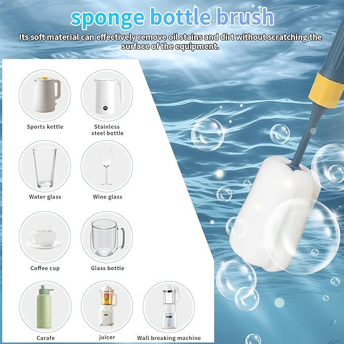 Sponge Bottle Brushes Adjustable Long Handle Up to 12.9” High Density Foam Bottle Brush Head Hanging Design with 4 Traceless Hooks– Bottle Brush Cleaner for Water Bottle & More (2 Pack)