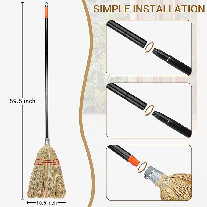 Outdoor Corn Broom, Household Indoor and Outdoor Broom Suitable for Sweeping Gravel, Fallen Leaves and Sand on Yard, Garage, Lawn, Stone Path and Concrete Floor (Total Length 59")
