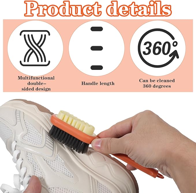 2 in 1 Multifunctional Shoe Brushes, Orange Long Handle Shoe Cleaning Tools Supplies Soft Plastic Bristles 360° Thorough Cleaning for Suede & Nubuck Cleaning