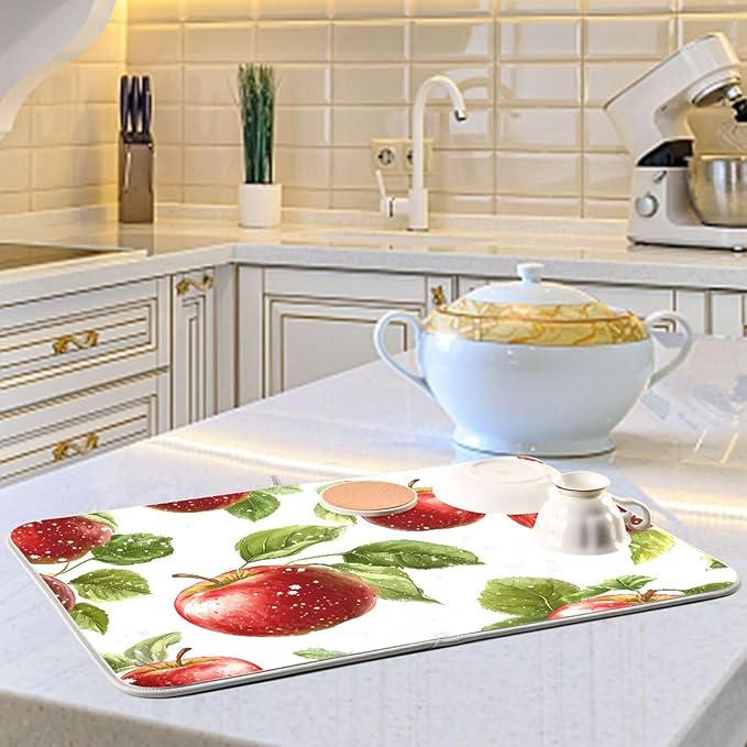 Snowflake with Apple Pattern Dish Drying Mat for Kitchen Counter Super Absorbent Drying Mat 18x24 inch Large Dish Drying Matts for Countertop Protector Dishes Pad