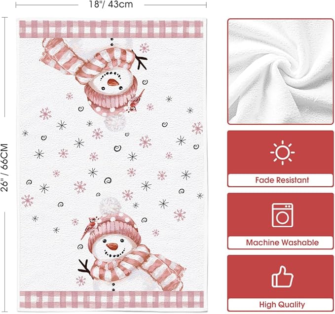 Artoid Mode Pink Xmas Tree Snowman Christmas Kitchen Towels Dish Towels, 18x26 Inch Farmhouse Holiday Winter Decoration Cleaning Set of 2