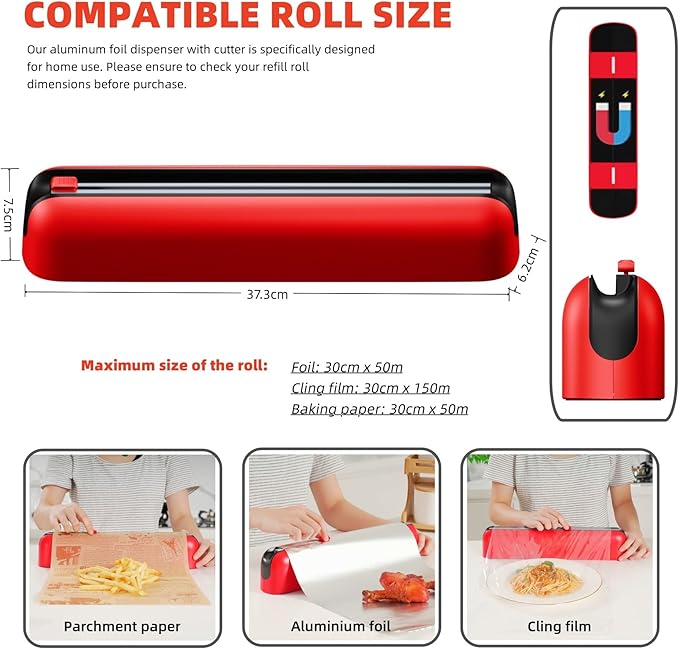 Aluminum Foil & Plastic Wrap Dispenser with Cutter - Easy One-Hand Operation, Space-Saving Kitchen Organizer for Worktops & Cabinets, Magnetic Cling Film Dispenser - Fits 12" Rolls, Red