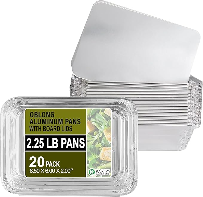 PARTY BARGAINS 2.25 lb Aluminum Pans with Board Lids, 20 Pack – 8 x 6 in Disposable Foil Roasting & Steam Table Pans for Catering, Takeout, Meal Prep, Oven Safe up to 240°C