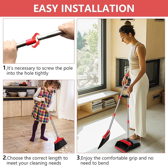 Loonpon Broom with Dustpan Combo Set, 43” Long Handle Broom and Dustpan Set, Upright Standing Dust Pan for Home and Kitchen, Brooms for Sweeping Indoor（Black&Red）