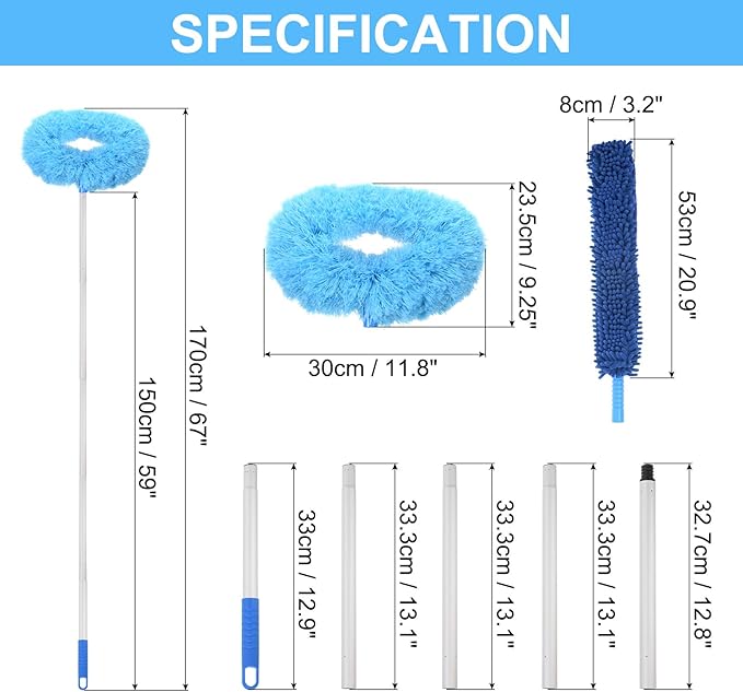 PATIKIL Ceiling Fan Cleaner Duster, 12.9" to 59", 2 in 1 Microfiber Duster Extendable Handle Fan Blade Cleaning Tool Removable Washable for Furniture Blind, Blue