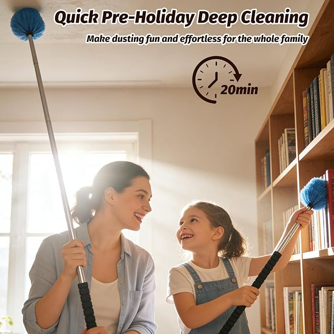 Cobweb Duster Brush with Extension Pole,Lightweight 5ft Long Spider Web Cobwebs Ceiling Fan Dust Cleaning Brush Kit with Washable Head for Furniture, Eaves, VentRoof House Cleaning up to 12.5ft