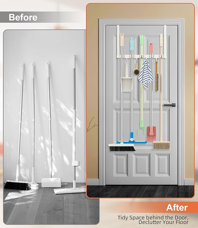Broom Holder Over The Door Drilling Free Mop and Broom Holder with 4 Over Door Hook, Metal Mop and broom hanger Wall Mount Broom Storage Tool Organizer for Laundry Room Garage Bathroom - white