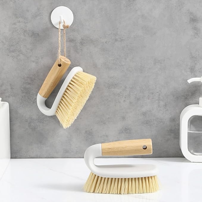 Wooden Handled Brush, Stiff Bristle Gravity Cleaning Brush, Multi-Purpose Brush for Bathroom Sinks, Floors, Carpets, Pools, Kitchens, Tiles, White.