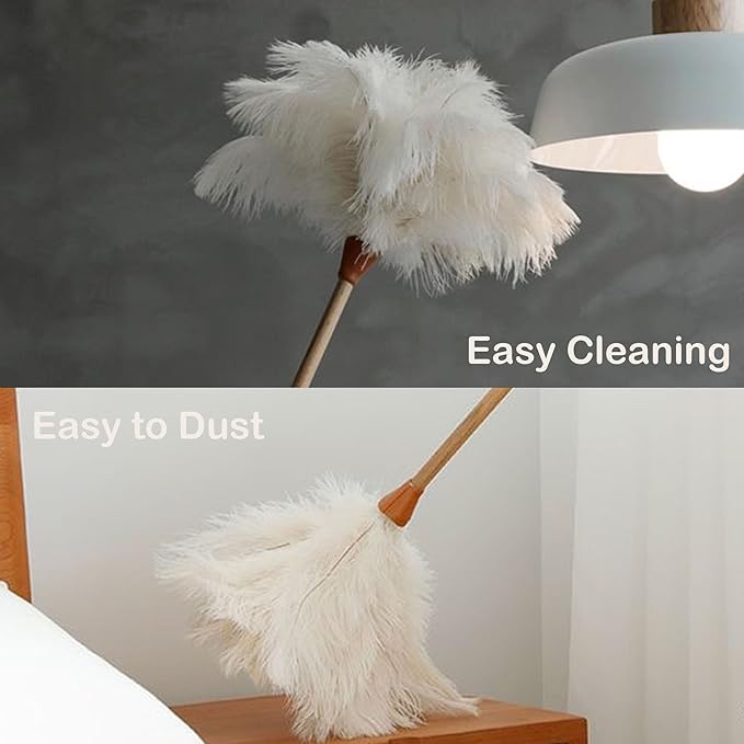 Ostrich Feather Dusters, Naturally Soft, Easy to Dust, Multi-Purpose Use, Solid Wood Handle, 17.3'' Long, White