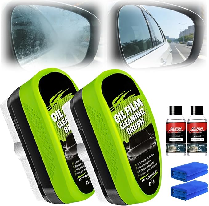 Automotive Oil Film Cleaning Brush, 2026 New Car Windshield Oil Film Remover for Car Windows Includes 1 Refill Bottle, Glass Coating Cleaner Board, Anti-Rain Fog, Improves Clarity (2pcs)