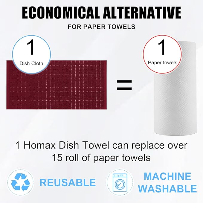 Homaxy 100% Cotton Terry Kitchen Towels(Brick Red, 13 x 28 inches), Checkered Designed, Soft and Super Absorbent Dish Towels, 4 Pack