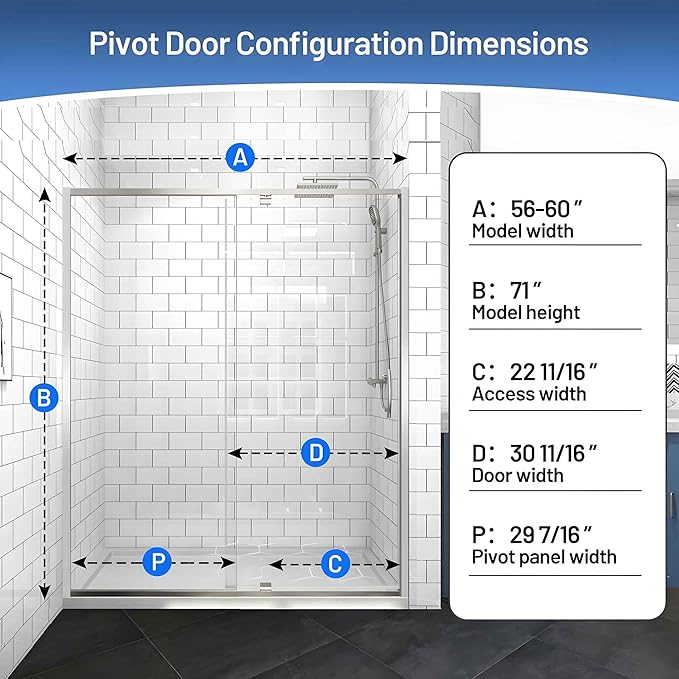 56-60" W x 71" H Pivot Glass Shower Door,1/4"(6mm) Thick Clear SGCC Tempered Shower Glass Door,Chrome Shower Door,Reversible Installation