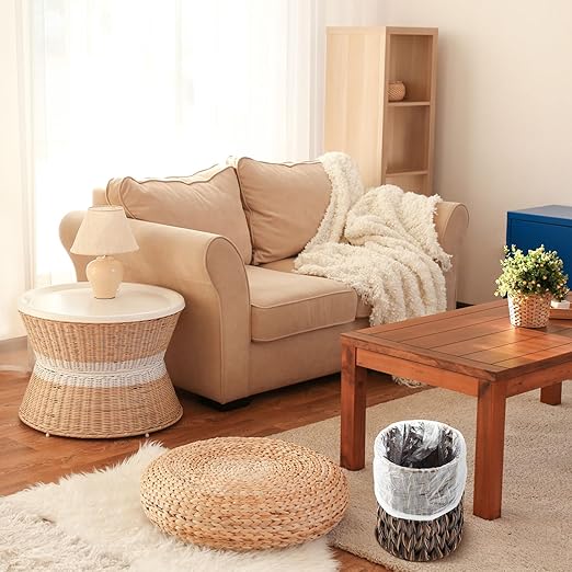 Ctosree 1.3 Gallons Small Trash Can with Lid Handle Boho Woven Braided Bathroom Waste Basket Trash Can with 100 Garbage Bags for Bedroom Office Laundry (Dark Brown,Braided Polypropylene,Round)