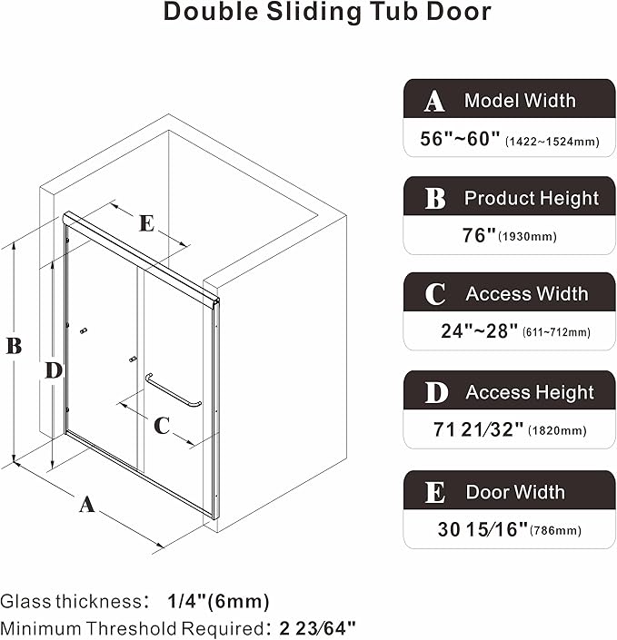 56-60" W x 76" H Semi-Frameless Double Sliding Glass Shower Door, 1/4" (6mm) Clear Tempered Glass, Bypass Sliding Shower Door for Bathroom, Easy to Clean (Brushed Gold, 60" W x 76" H)