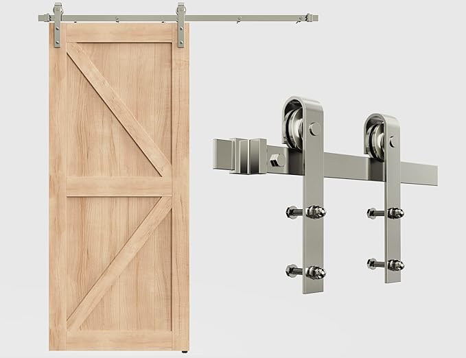 6.6FT Colorful Sliding Barn Door Hardware Track Kit, Brushed Nickel Roller Kit for 1 Door, J Shape(No Door) (6.6 FT-J Shape-Brushed Nickel)