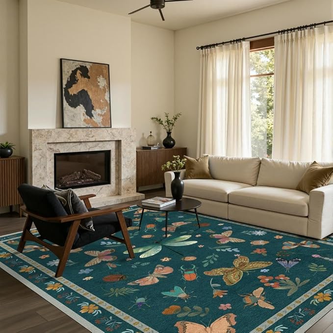 5x7 Washable Area Rugs for Bedroom & Living Room - Insect Rug,Floral Colorful Boho Vintage Rug,Soft & Non-Slip,Low Pile Wool Carpet for Indoor Dining Room,Girls Room,Nursery Room and Kids Room(Teal)