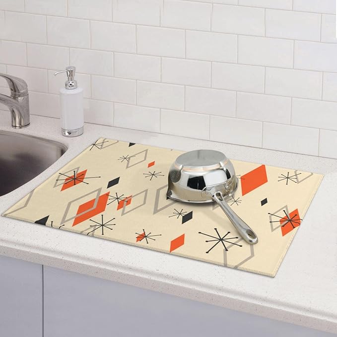 Retro Geometric Pattern Dish Drying Mat For Kitchen Counter Absorbent Large Kitchen Fast Dry Pad Reusable Washable Protector Rack Large Mat 18 X 24