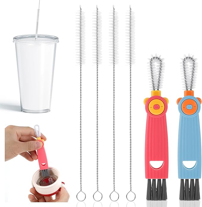 Ouligay 6 Pcs Straw Cleaner Brush Kit, 3 in 1 Cup Lid Cleaning Brush, 17cm Long Straw Cleaner, Tumbler Cup Straw Cleaner, 304 Stainless Steel & Nylon Bristles, Red Blue