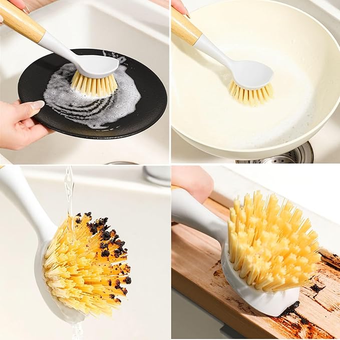 2 Pack Kitchen Dish Brush Grill Brush+Reusable Rubber Gloves,Kitchen Cleaning Sets,Long Dish Scrubber Built-in Scraper,Scrub Brushes for Pans Pots Sink,Range Hood (White&Black) Pre-Christmas Clean