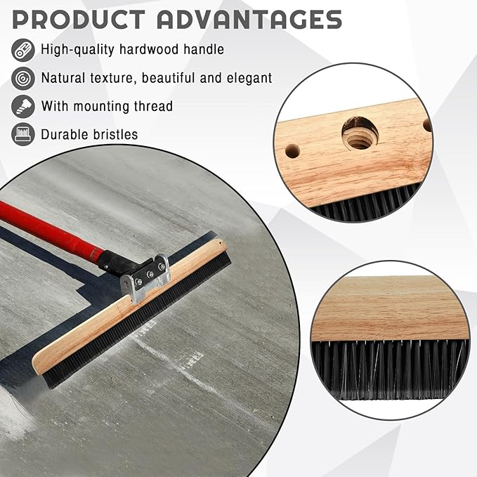 1 Pack 24 Inch Concrete Broom Finishing Tools Wood Backed, Polypropylene Bristles Brush Push Brooms Without Handle for Concrete Finishes Hard Floors