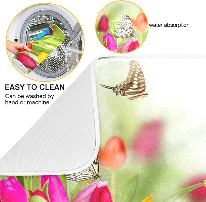 Tarity Colorful Tulip Butterfly Dish Drying Mat for Kitchen Counter Absorbent Heat Resistant Microfiber Dishes Drainer Mat 16x18 in Dish Pad Sink Mat Protective Pad Kitchen Decor