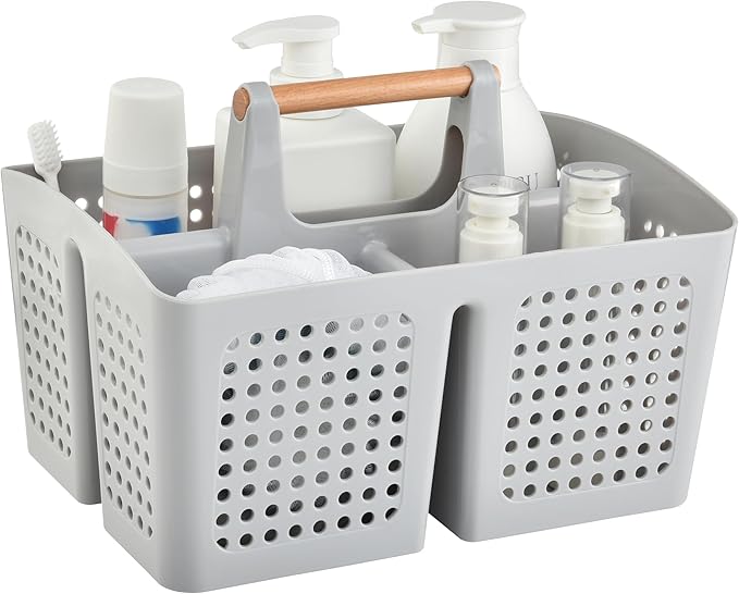 Portable Shower Caddy Basket with Compartments, Plastic Divided Cleaning Caddy Organizer Storage Tote with Handle for Bathroom, College, Dorm Room Essentials, Light Gray