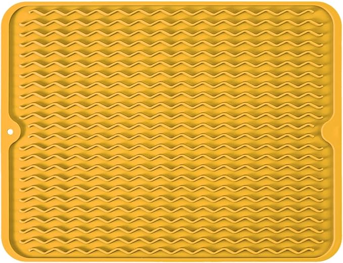 Silicone Dish Drying Mat for Multiple Usage, Easy clean, Eco-friendly, Heat-resistant Dish Drainer Mat for Kitchen Counter,Sink,Refrigerator or Drawer liner (18" x 16", Yellow)