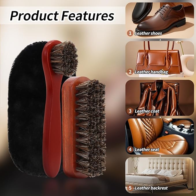 3 Pcs Shoe Brush Kit, Premium Horsehair Shoe Brush with Shoe Polishing Glove for Leather, Professional Boot Brush Shoe Polish Kit for Cleaning (3, Brown)