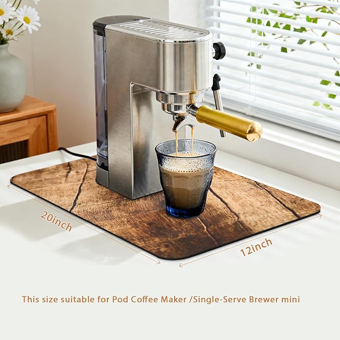 Coffee Mat 20x12 Inch, Wood Grain Cracks Design, Absorbent Hide Stain Rubber Backed Dish Drying Mat for Kitchen Counter, Bar Mats for Countertops, Under Coffee Bar Maker Machine Pot Espresso Machine