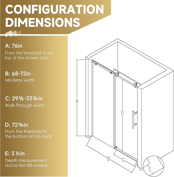 Frameless Sliding Shower Door 72” W x 76” H, 3/8” Tempered Glass, Single Bypass Shower Enclosure with Reversible Door, Quiet Rollers, Anti-Jump Safety System,Brushed Nickel Stainless Steel