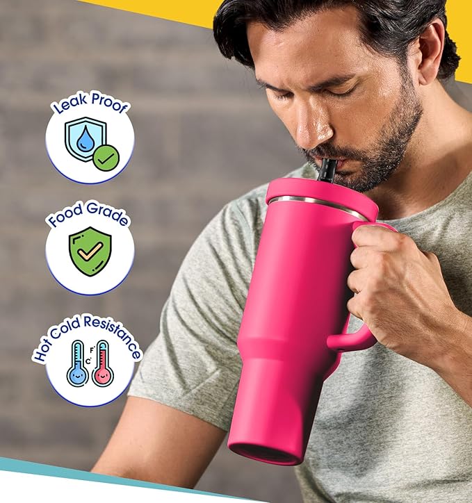 30oz Flip Straw Leak Proof Lid for Stanley Quencher,30 oz Tumbler Lid Replacement for Stanley Cup Accessories,No Spill Silicone Tumbler Lids with Cleaning Brush Set (Fuchsia)